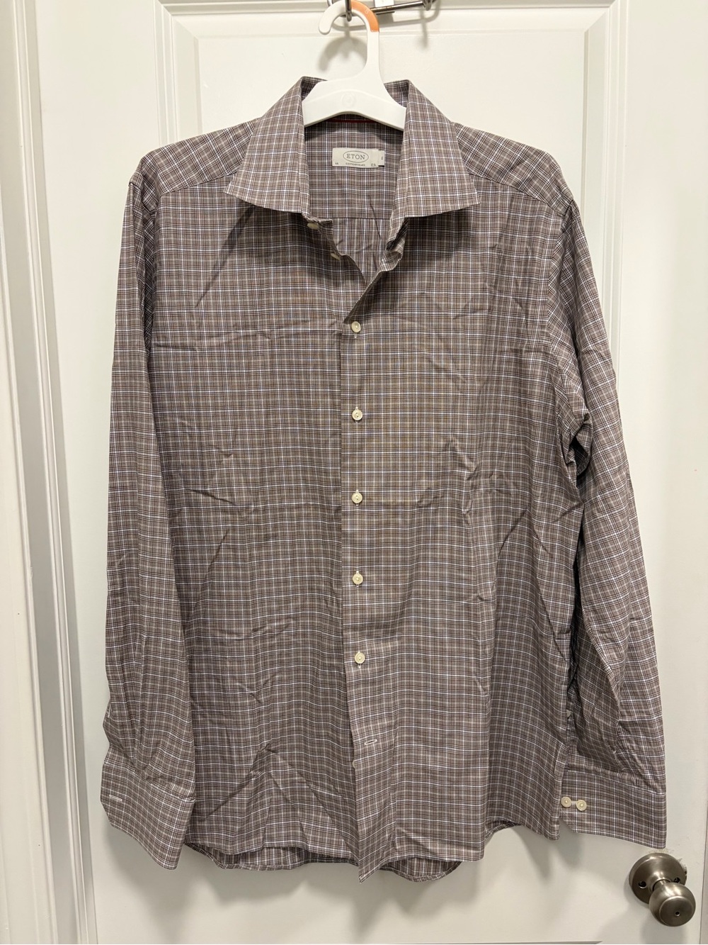 Eton Contemporary Dress Shirt Mens 44, 17.5 Plaid Brown White Blue  L/xl EUC